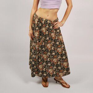 90s Floral Maxi Skirt (S) small black brown vintage leaf print twee boho hippie
